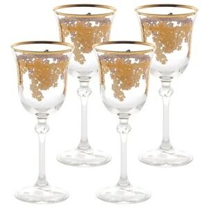 Set Of 4 LeStelle Crystal Glasses 7.5" Wine Or Water Stems Goblet 24k Gold Paint